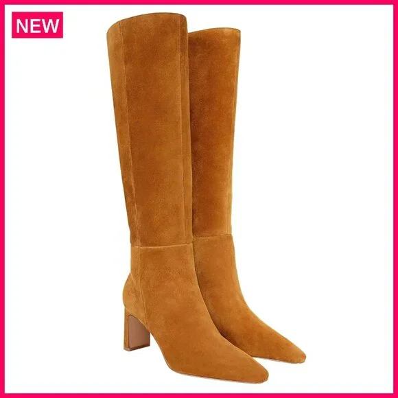 Knee High Boots Chunky Heel Square Toe Side Zipper Fall Dress Shoes - Picture 1 of 8